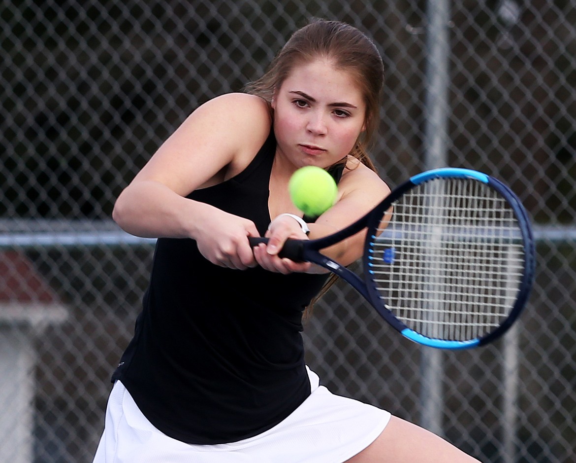 Coeur d&#146;Alene&#146;s Maggie Bloom hits a volley back over the net in a No. 1 girls doubles match in April at Coeur d&#146;Alene High School.