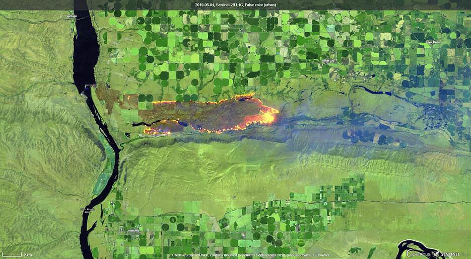 Washington Department of Natural Resources/courtesy image 
Satellite imagery shows the path of the Highway 243 Fire as it has made its way east. First reported Monday night at 300 acres, estimates for the fire now range up to almost 19,000.