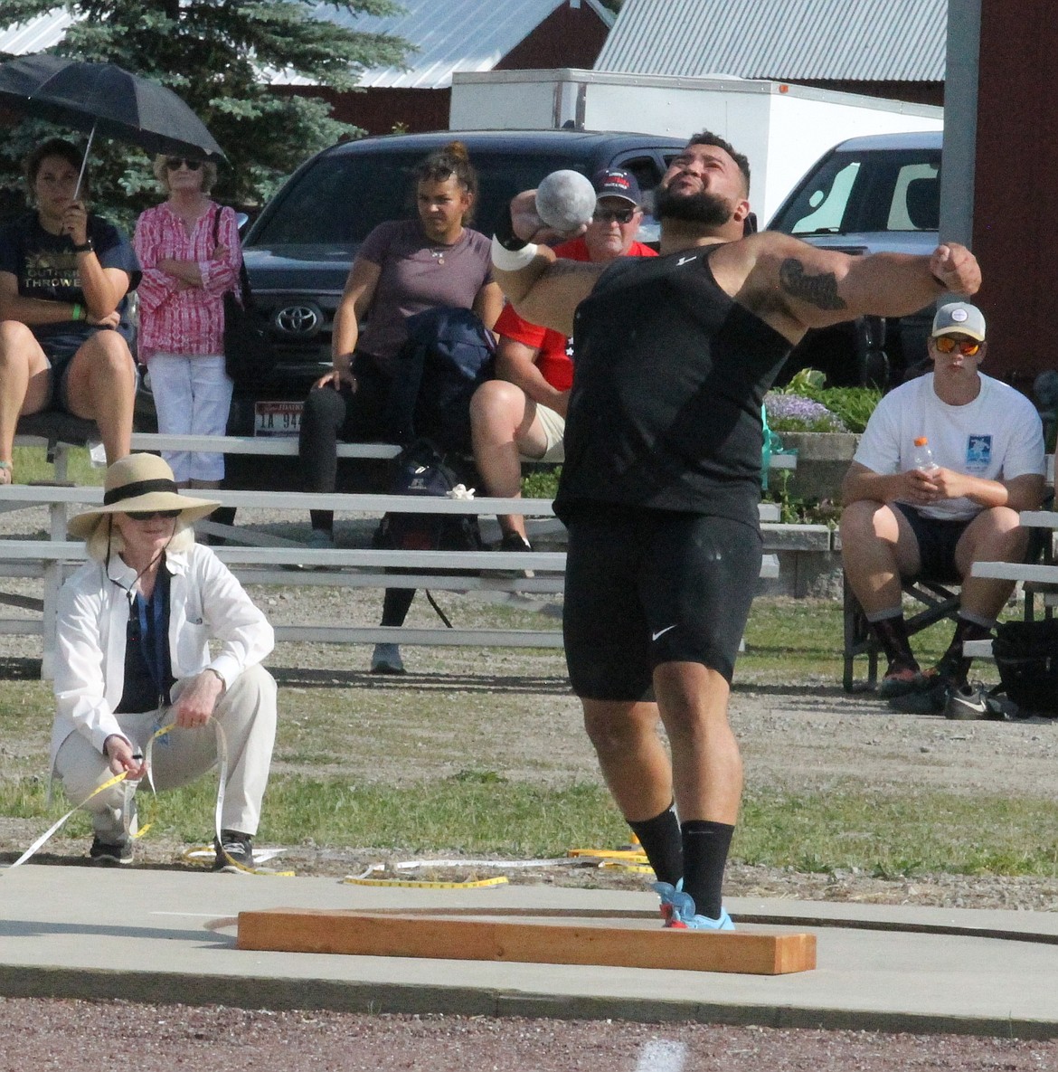 JASON ELLIOTT/Press
Jonathon Jones, who threw collegiately at Buffalo, won the mens shot put with a throw of 61 feet, 2 3/4 inches during the fifth Iron Wood Throws Classic on Saturday at the Iron Wood Training Center in Rathdrum.