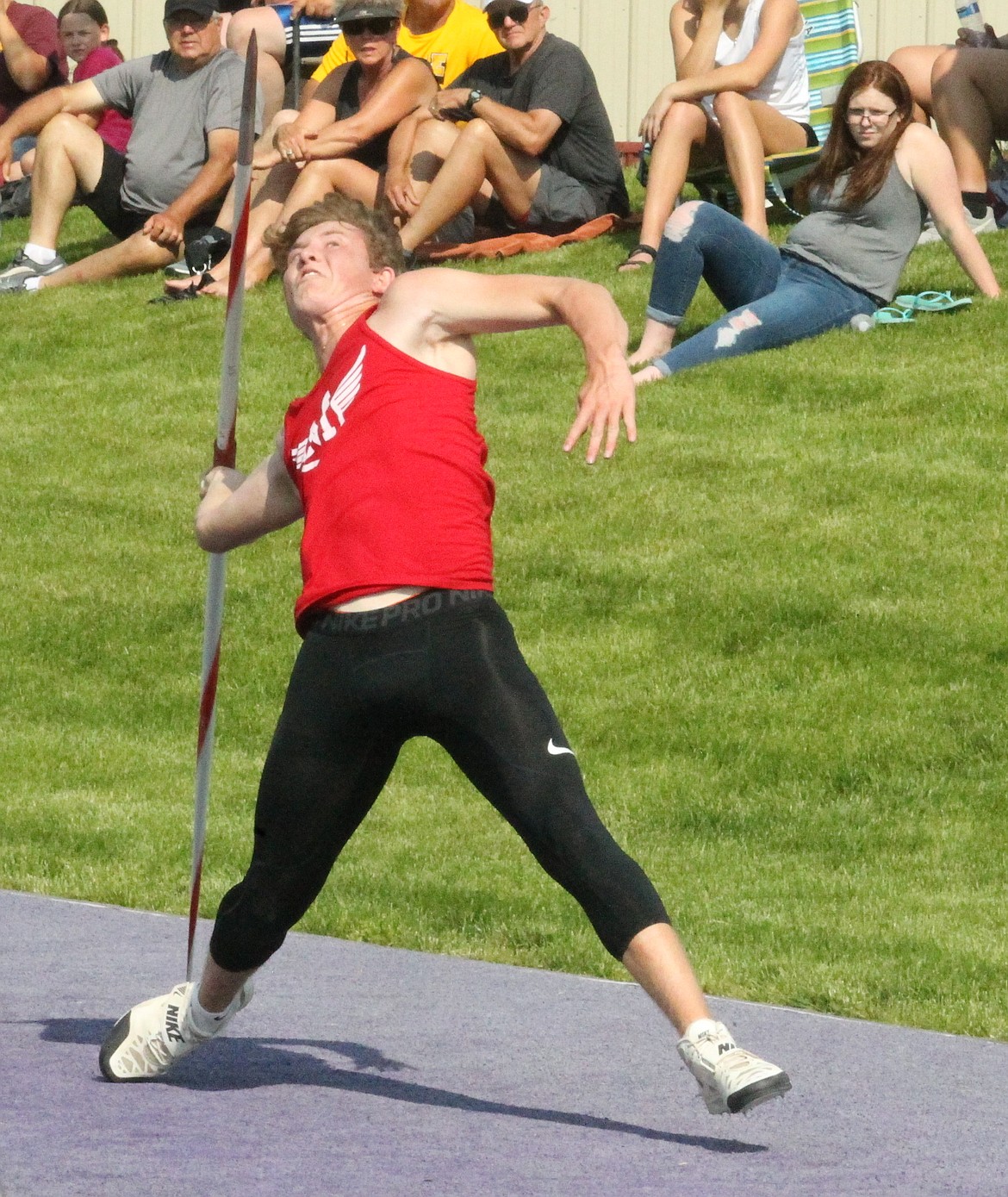 JASON ELLIOTT/Press
Sam Hankins of Manhattan, Kan., winds up for his third attempt in the boys javelin in the fifth Iron Wood Throws Classic on Friday in Rathdrum.