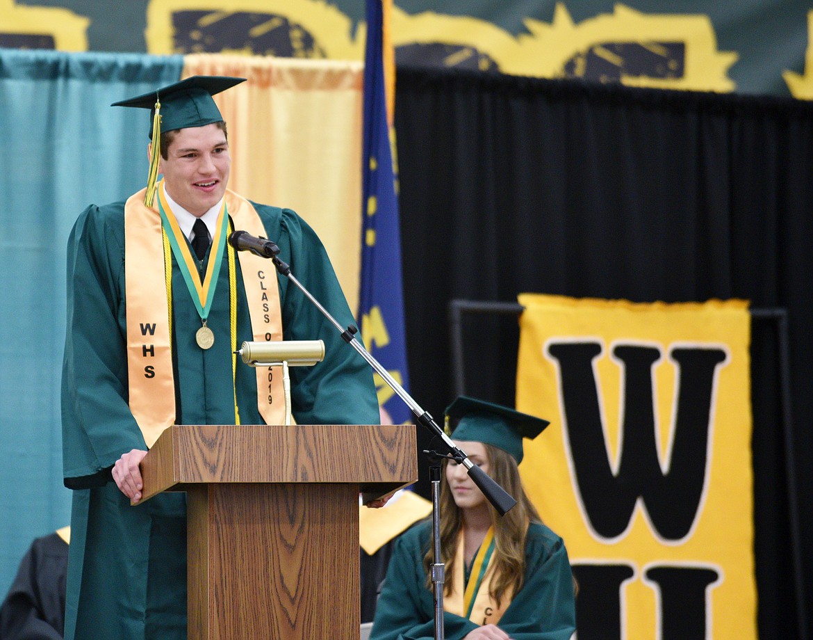 Graduate Dillon Botner addresses the Whitefish High School Class of 2019 Saturday afternoon during the school&#146;s commencement ceremony in the gym. There were 96 seniors who received their diplomas during the ceremony attended by friends, family and the community. (Heidi Desch/Whitefish Pilot)