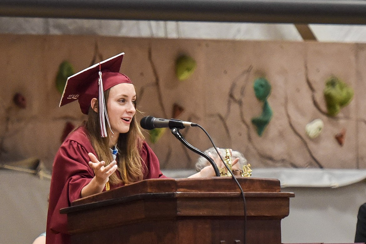 Troy High School salutatorian Kaylee Tunison speaks Saturday at Troy&#146;s graduation. (Ben Kibbey/The Western News)