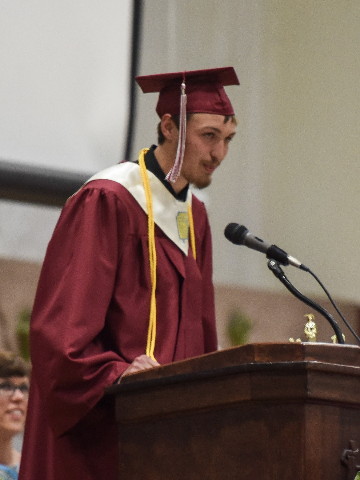 Troy High School valedictorian Dylan Cummings speaks Saturday at Troy&#146;s graduation. (Ben Kibbey/The Western News)