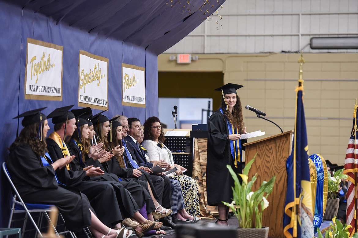 Libby High School valedictorian Emma Gruber closes her speach to applause after saying, &#147;We will always be Libby Loggers,&#148; Saturday at Libby&#146;s graduation. (Ben Kibbey/The Western News)