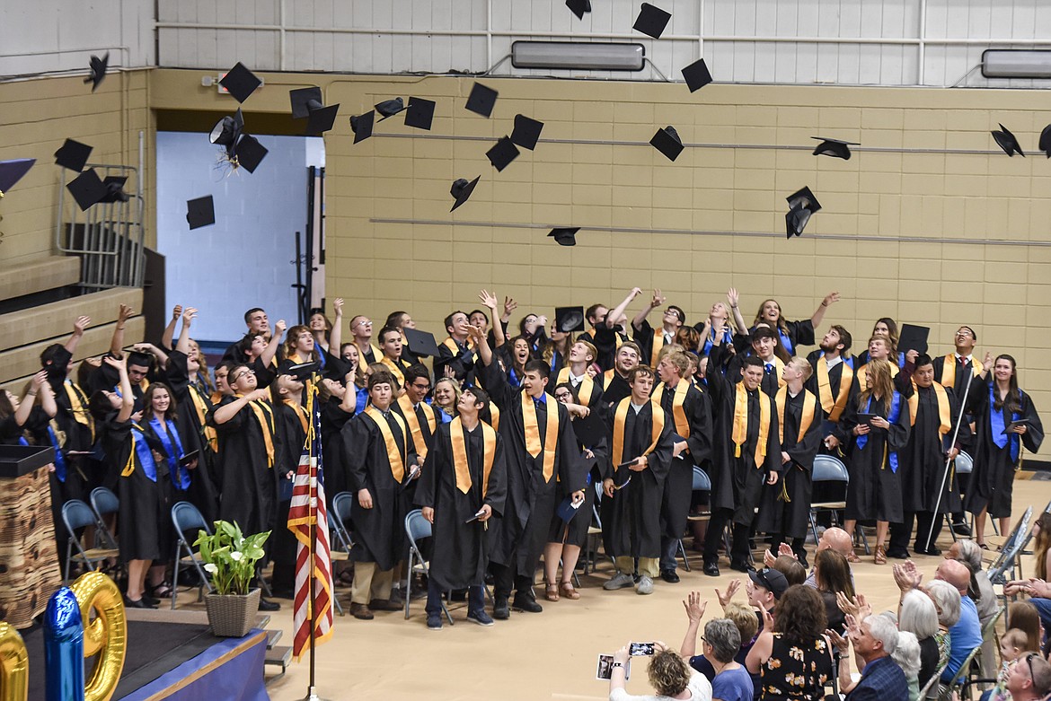 The Class of 2019 throw their caps into the air at the conclusion of Libby&#146;s graduation ceremony Saturday. (Ben Kibbey/The Western News)