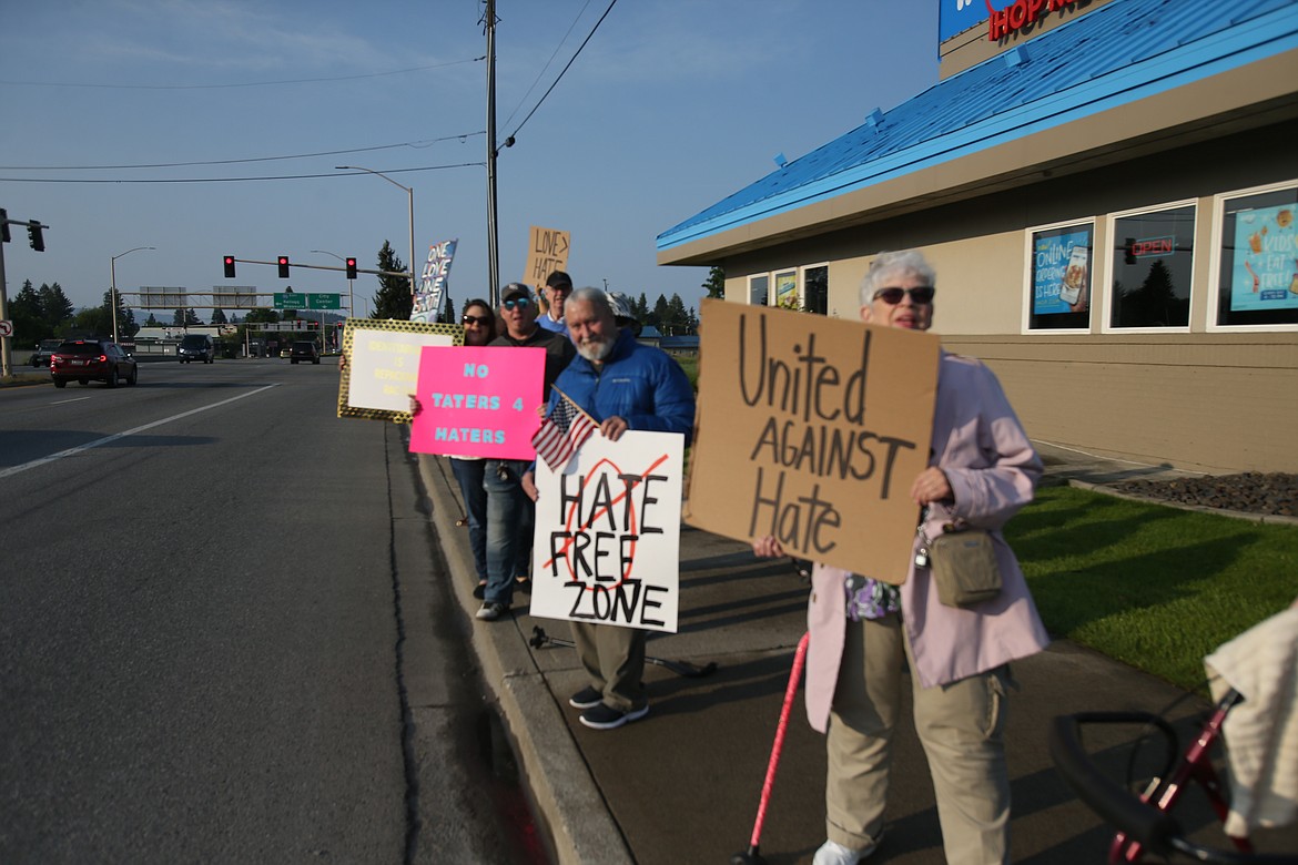 Photos by CRAIG NORTHRUP/Press
Demonstrators showed up in force Friday morning for an anti-hate rally at the Coeur d&#146;Alene IHOP. Approximately 30 protesters held signs and cheered peaceful messages outside the Coeur d&#146;Alene IHOP, where anti-Muslim activist Brittany Pettibone was scheduled to speak to the conservative North Idaho Pachyderm Club. Pettibone and the club canceled her appearance because of the nearby rally, but protesters decided to show up to support their message.