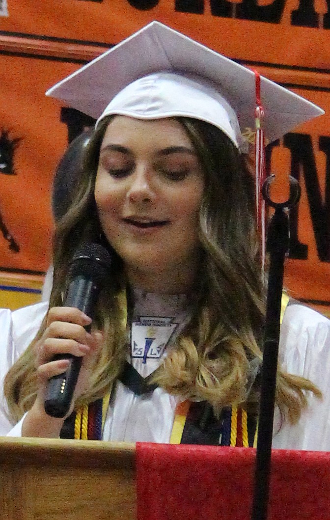 MADISON KOONCE delivers her valedictorian address during the Noxon commencement exercise on Sunday, May 26.