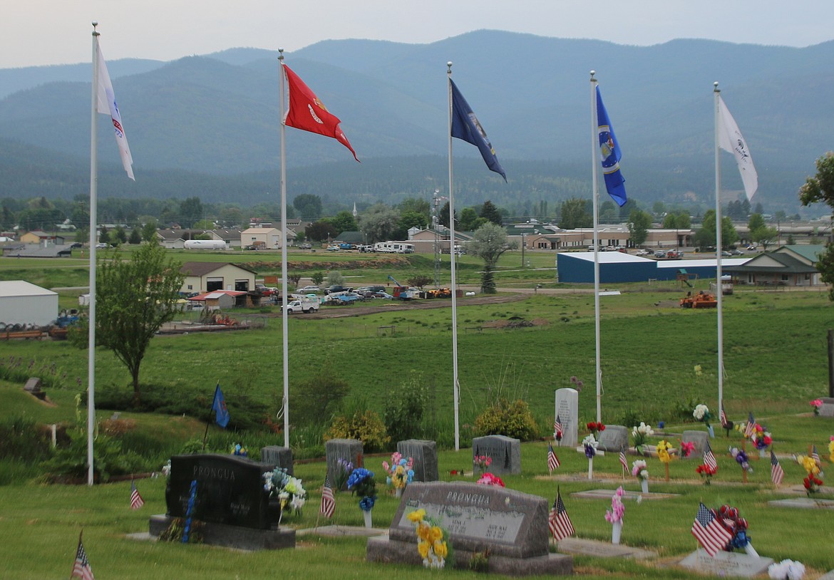 THE FLAGS of military branches flying over the graves of the veterans at the Plains Cemetery were purchased by: Kim and Margaret McNeil, American, POW and Navy; John Lemro, Marine Corps; Betty Frye , Army; Brittany Josephson, Coast Guard; and Denise Barton, Air Force. (Staff photo)