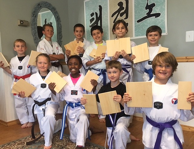 (Photo courtesy of SANDPOINT MARTIAL ARTS)
Sandpoint Martial Arts&#146; advanced Tae Kwon Do students show off their broken boards after passing their monthly belt tests. Kneeling in the front row, from left to right: Morgan Dail (brown belt), Ellie Manning (blue stripe belt), Konrad Steidl (purple stripe belt) and Tracen Ridley (purple belt). Josh Cox (red belt), Fisher Dail (brown belt), Colby Dyk (blue stripe belt), Andrew Hoss (blue stripe belt), Rafael McGehee (purple stripe belt) and Cameron Garton (blue belt) are in the back row, from left to right.