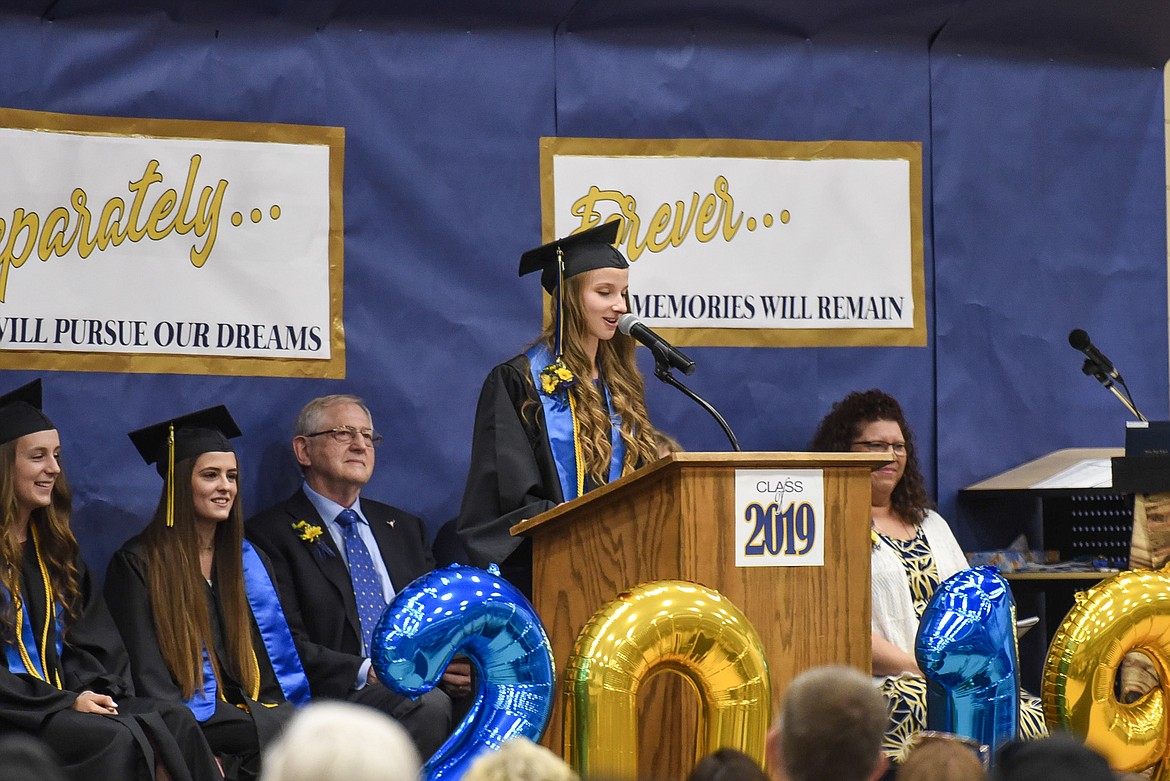 Libby High School valedictorian Linsey Walker speaks during Saturday at Libby&#146;s graduation. (Ben Kibbey/The Western News)