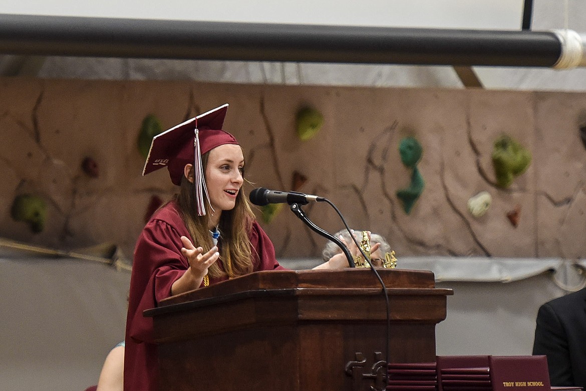Troy High School salutatorian Kaylee Tunison speaks Saturday at Troy&#146;s graduation. (Ben Kibbey/The Western News)