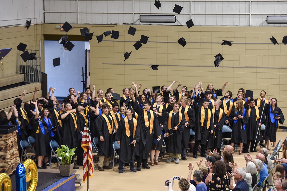 The Class of 2019 throw their caps into the air at the end of Libby&#146;s graduation ceremony Saturday in Ralph Tate Memorial Gym. (Ben Kibbey/The Western News)