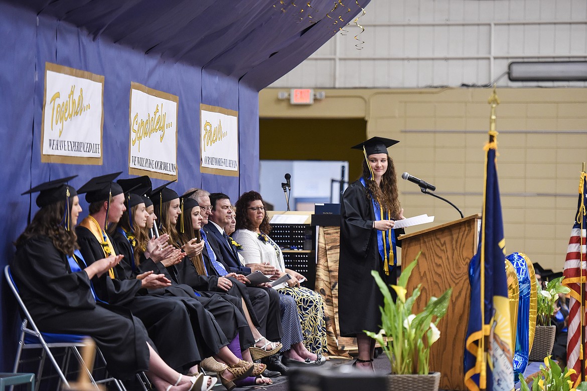 Libby High School valedictorian Emma Gruber closes her speach to applause after saying, &#147;We will always be Libby Loggers,&#148; Saturday at Libby&#146;s graduation in the Ralph Tate Memorial Gym. (Ben Kibbey/The Western News)