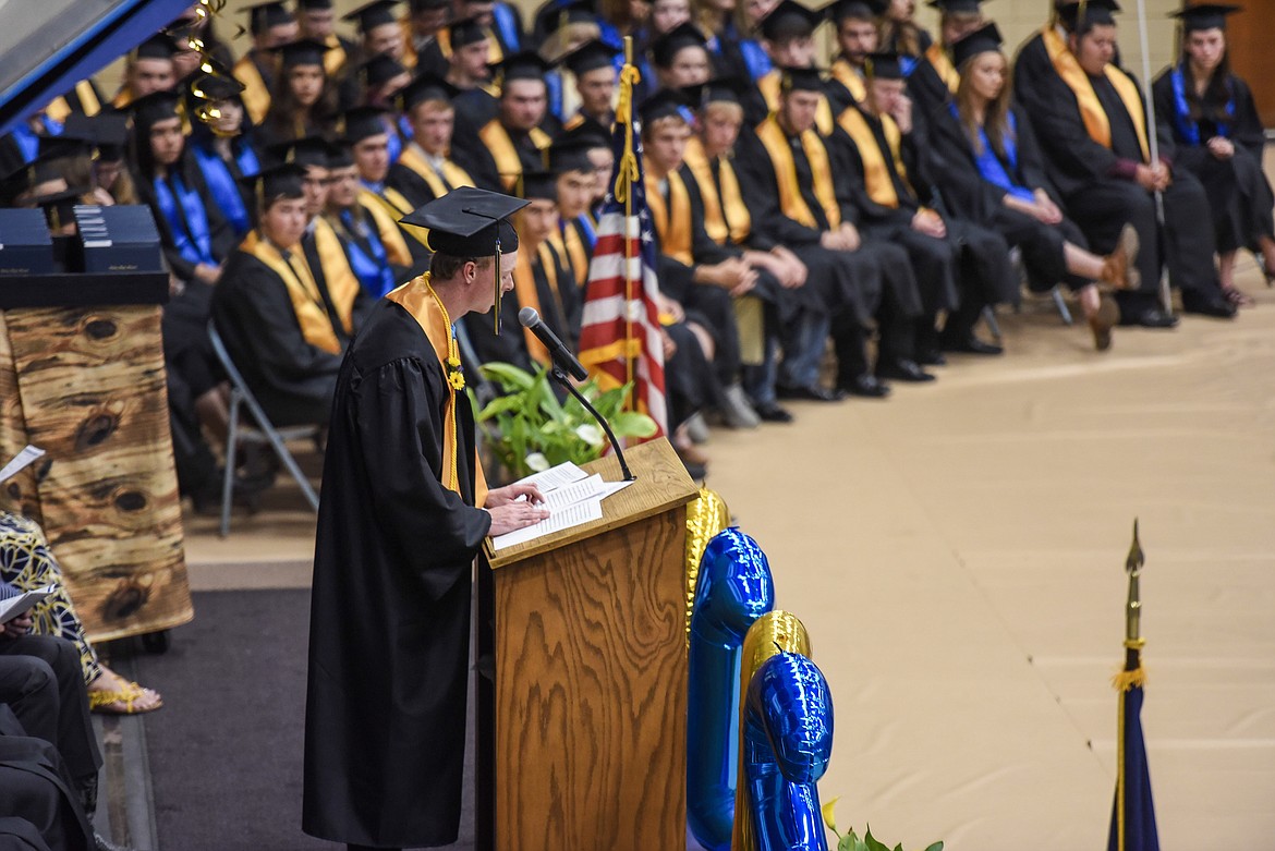 Libby High School valedictorian Ryggs Johnston speaks Saturday at Libby&#146;s graduation. (Ben Kibbey/The Western News)