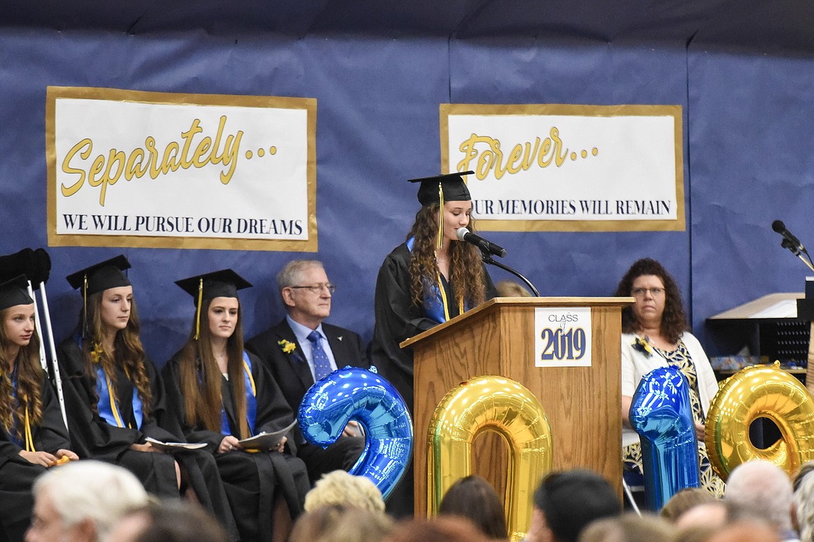 Libby High School valedictorian Emma Gruber speaks during Saturday at Libby&#146;s graduation. (Ben Kibbey/The Western News)