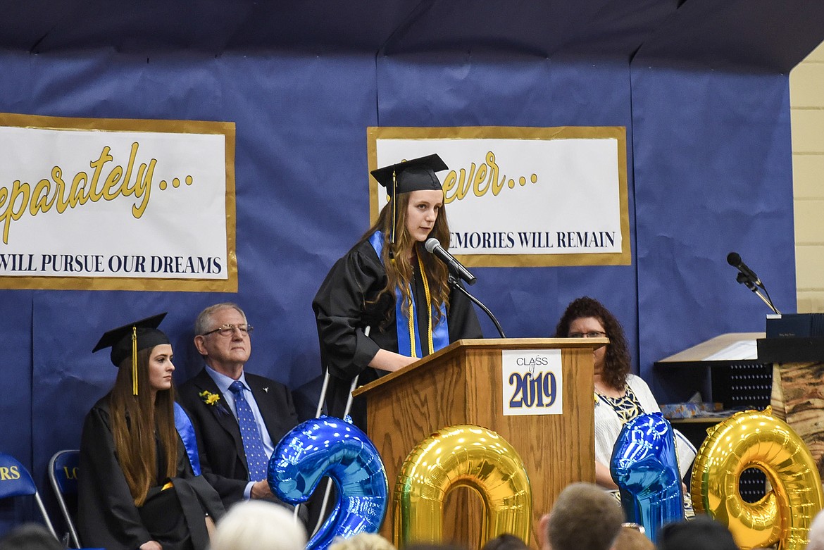 Libby High School valedictorian Jayden Winslow speaks Saturday at Libby&#146;s graduation. (Ben Kibbey/The Western News)