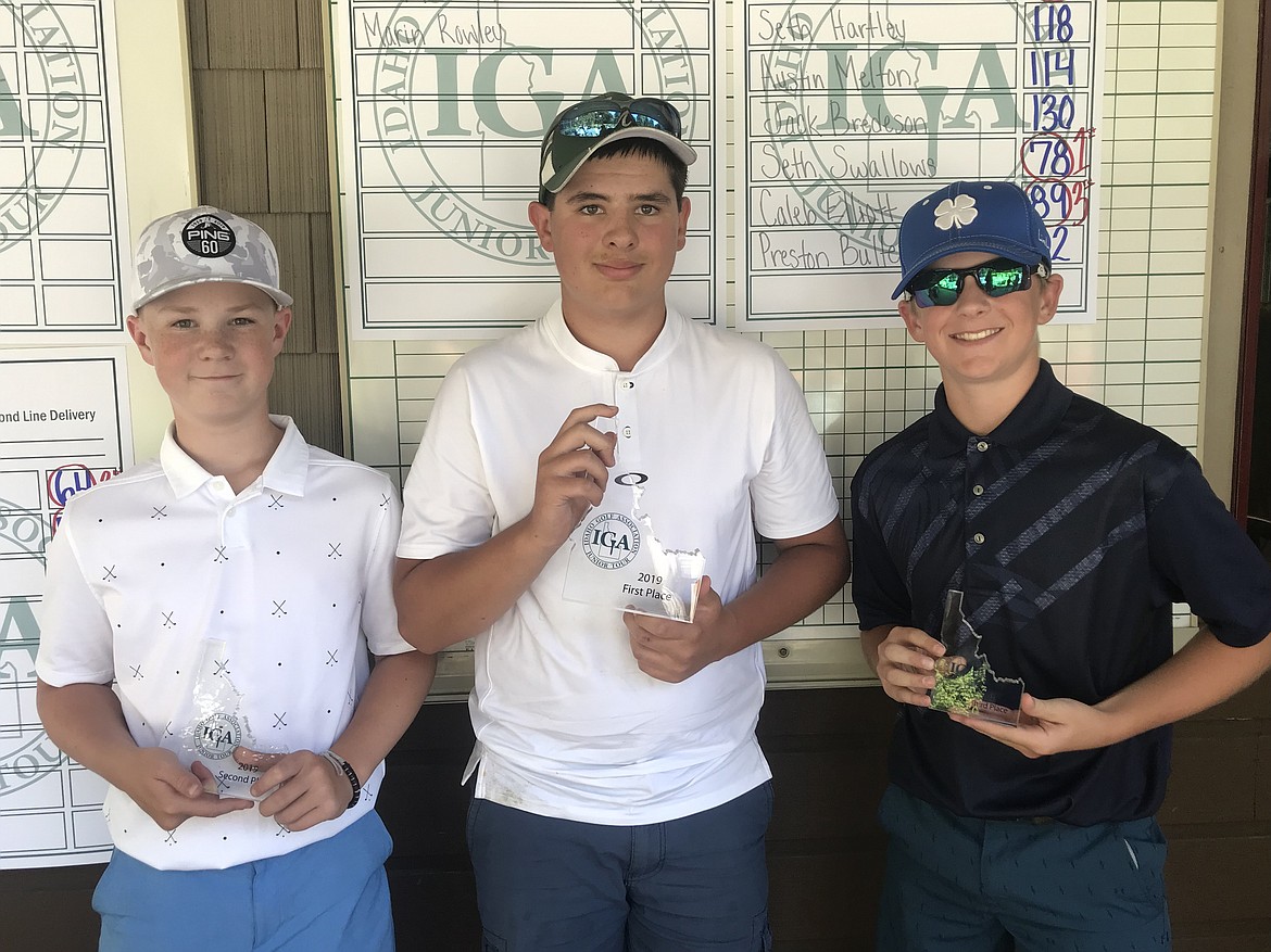 Courtesy photo
Placers in the boys 13-14 age division at an Idaho Junior Golf Association tournament Monday at the Coeur d&#146;Alene Golf Club were, from left, Davis Sheets, second; Seth Swallows, first; and Caleb Elliot, third.