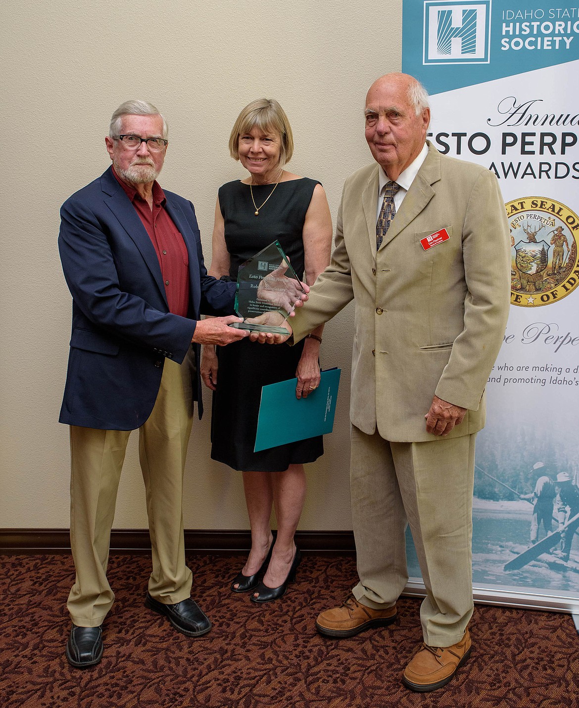 Kootenai County's resident historian, Robert Singletary, is a recipient of the 2019 Esto Perpetua Award, which honors people and organizations that have made significant contributions to the preservation of Idaho history. Singletary, who serves as the chairman of the Kootenai County Historic Preservation Commission and as the program and marketing director of the Museum of North Idaho, said receiving this award is &quot;the pinnacle&quot; of his profession. Also pictured: Idaho First Lady Teresa Little and Idaho State Historical Society District 1 Trustee Don Pischner. (Photo courtesy of the Idaho State Historical Society)