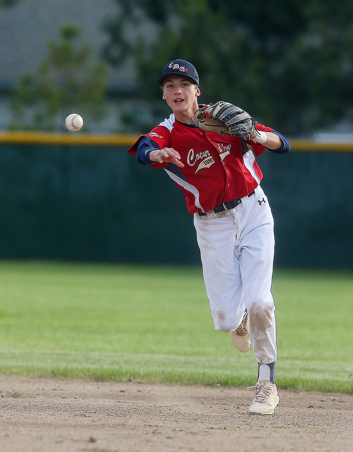 LOREN BENOIT/Press
Coeur dAlene Lumberman Marcus Manzardo fields a ground ball at second base and throws to first for the out during Mondays class AA North Idaho League American Legion baseball doubleheader against the Northern Lakes Mountaineers on Monday at Lakeland High School.