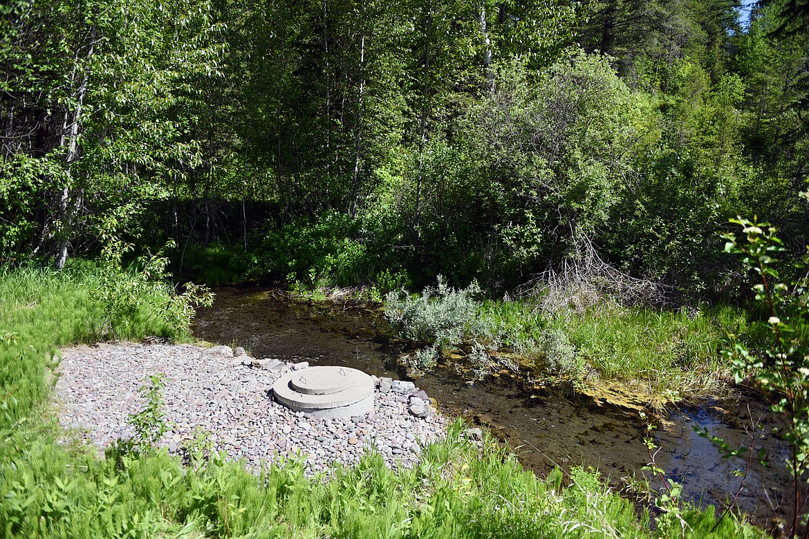 A cistern belonging to Sarah Jones and Josh Gleason collects water near Garnier Creek on their property north of Columbia Falls on Wednesday. (Casey Kreider/Daily Inter Lake)