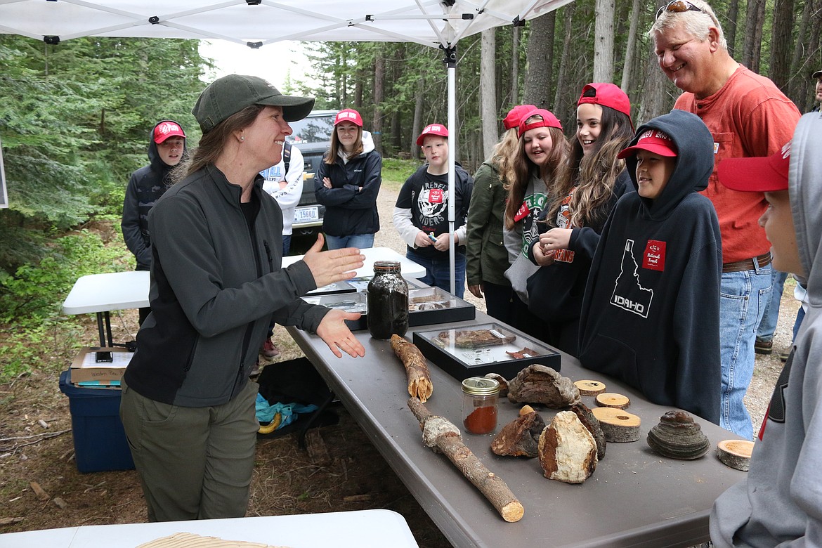 (Photo by MARY MALONE)
Gina Davis, left, with the U.S. Forest Service, talks to Priest River Elementary sixth graders about forest management during the Priest Community Forest Connection&#146;s annual Forest Expo on May 24 at the Priest River Experiemental Forest.