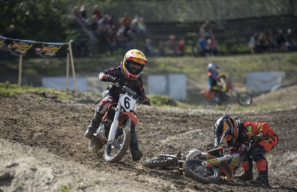 A young motocross racer recovers after a bit of a skid out on the track, during the Millpond Motocross race, Saturday in Libby. (Luke Hollister/The Western News)