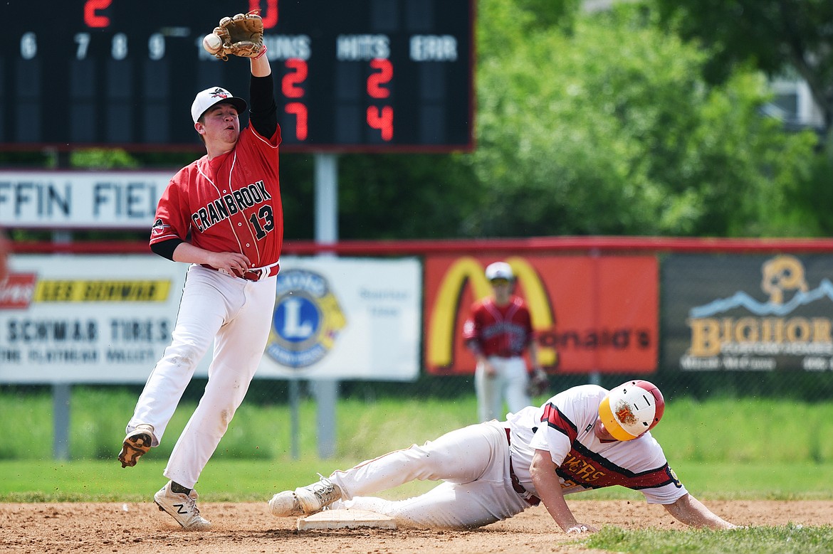 Kalispell's Hank Nuce steals second base as Cranbrook shortstop Carson Meggison fields the throw in the Lakers A's 12-run second inning at Griffin Field on Wednesday. (Casey Kreider/Daily Inter Lake)