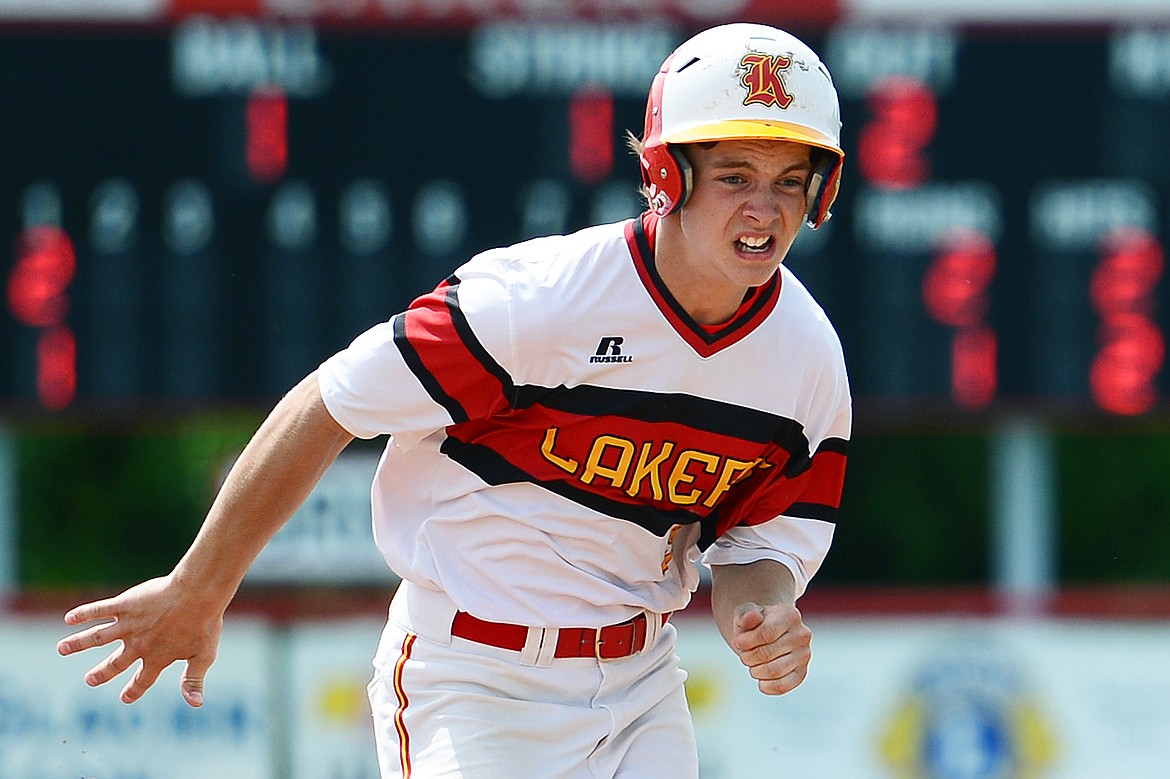 Kalispell's Thomas O'Connell legs out a triple in the bottom of the first against Cranbrook Bandits A at Griffin Field on Wednesday. (Casey Kreider/Daily Inter Lake)