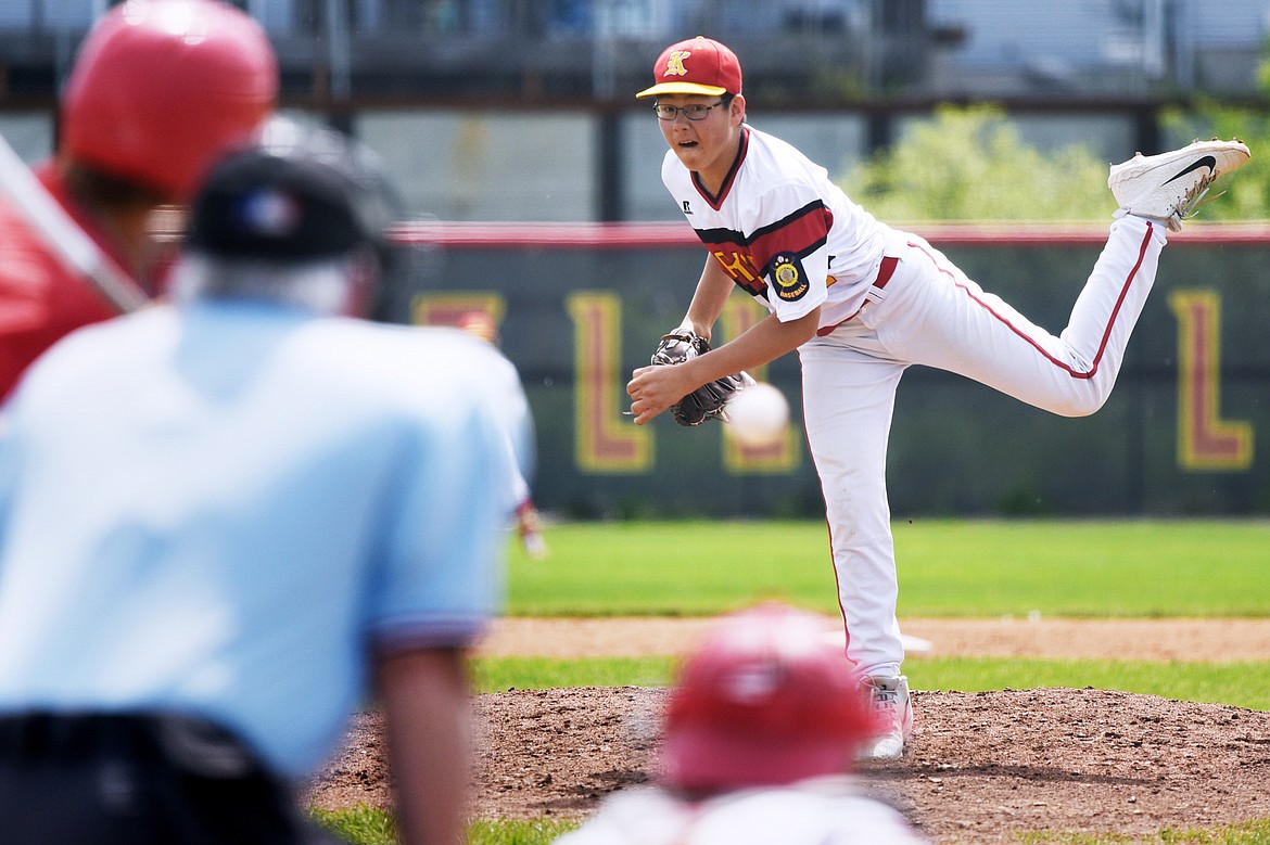 Lakers A starting pitcher Kostya Hoffman delivers in the second inning against the Cranbrook Bandits A at Griffin Field on Wednesday. (Casey Kreider/Daily Inter Lake)