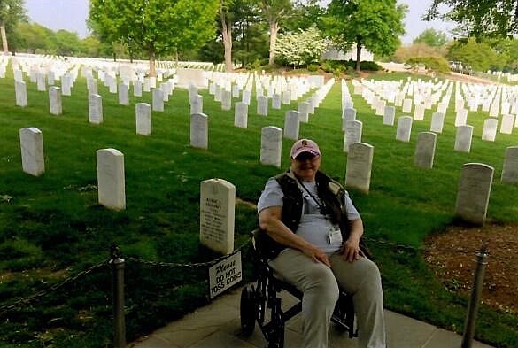 Josephine Mary Davis smiling for the camera at Arlington National Cemetery &#151; one of the many stops in Washington, D.C., that the Honor Flight group made.