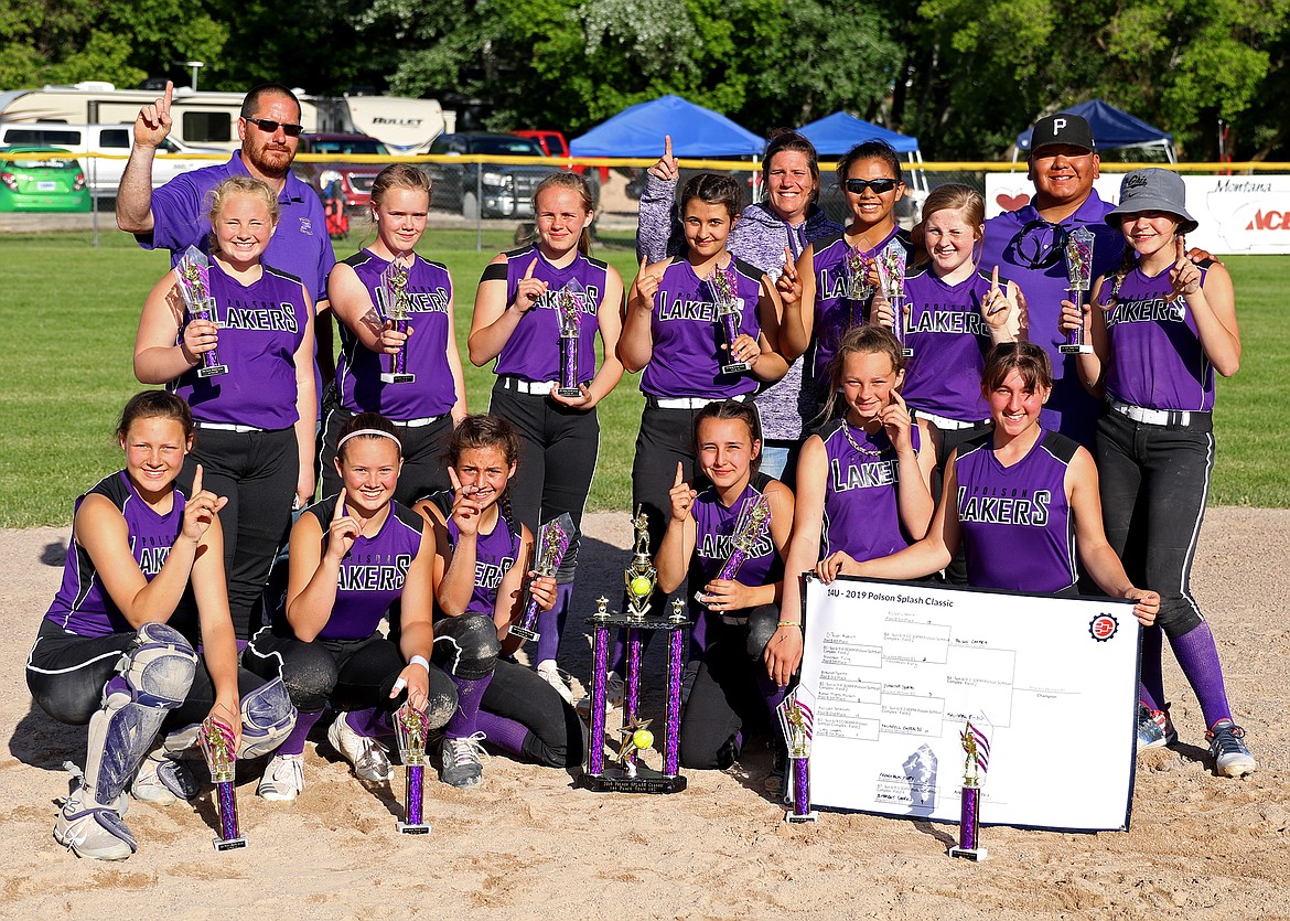 2019 USA SPLASH Classic 14-U champion Lakers pose Sunday at Polson Softball Complex. (Back row, from left): Bella Paul, coach Rodney DePoe, Caitlyn Ward, Ashlynn DePoe, Reegan Stinger, coach Kim Kendall, Turquoise Pierre, Ansley Nordberg, coach Moses Pierre, Carli Maley
(front row, from left): McKenna Hanson, Tyneesha Brown, Nikki Kendall, Julia Barnard, Alexis Johnson, Trinity Towne. (photo courtesy of Bob Gunderson)