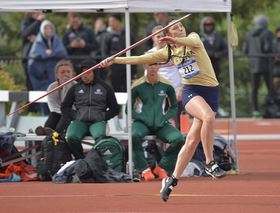 DESPITE SORENESS in her throwing shoulder, Carley VonHeeder has experienced lots of success in track and field at Montana State University, including in the javelin. (Courtesy photo)