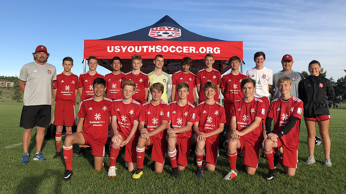 Courtesy photo
The Timbers North FC 2005 Boys  Red soccer team won an Idaho State Cup championship that earned them a berth at the US Youth Soccer Far West Regionals in Boise last week. This team and the Timbers North FC 2001/2002 Boys team were the only two teams from North Idaho to earn the opportunity to play at this level.
The TTNFC 05 boys played three games at Simplot Sports Complex in Boise last week against teams from Wyoming, Nevada and New Mexico.  They won one game and lost two.
On Monday against Jackson Hole Youth Soccer from Wyoming (a 3-2 win for TTNFC), two goals were scored by Cooper Prohaska and Isaac Fritts had a beautiful one-touch goal.  Bryce Allred had two assists and Miles Taylor had six saves as goalkeeper.
On Tuesday, the Timbers lost 4-2 to a Nevada team (LVSA).  Both Timbers goals were scored by Bryce Allred with one assist from Caden Thompson.  
The final game on Wednesday against Rio Rapids from New Mexico ended in a 4-0 loss.
Pictured in the front row from left are Drew Hansen, Caden Thompson, Chet Hanna, Christopher Mongan, Nate Wyatt, Jayce Simmet and Isaac Fritts; and back row from left, coach Julio Morales, Landon Lee, Jacob Ukich, Sebastian Baker, Bryce Allred, Miles Taylor, Luke Orozco, Gunner Larson, Cooper Prohaska, Ashton Ukich, head coach Mike Thompson and assistant coach Chloe Teets.