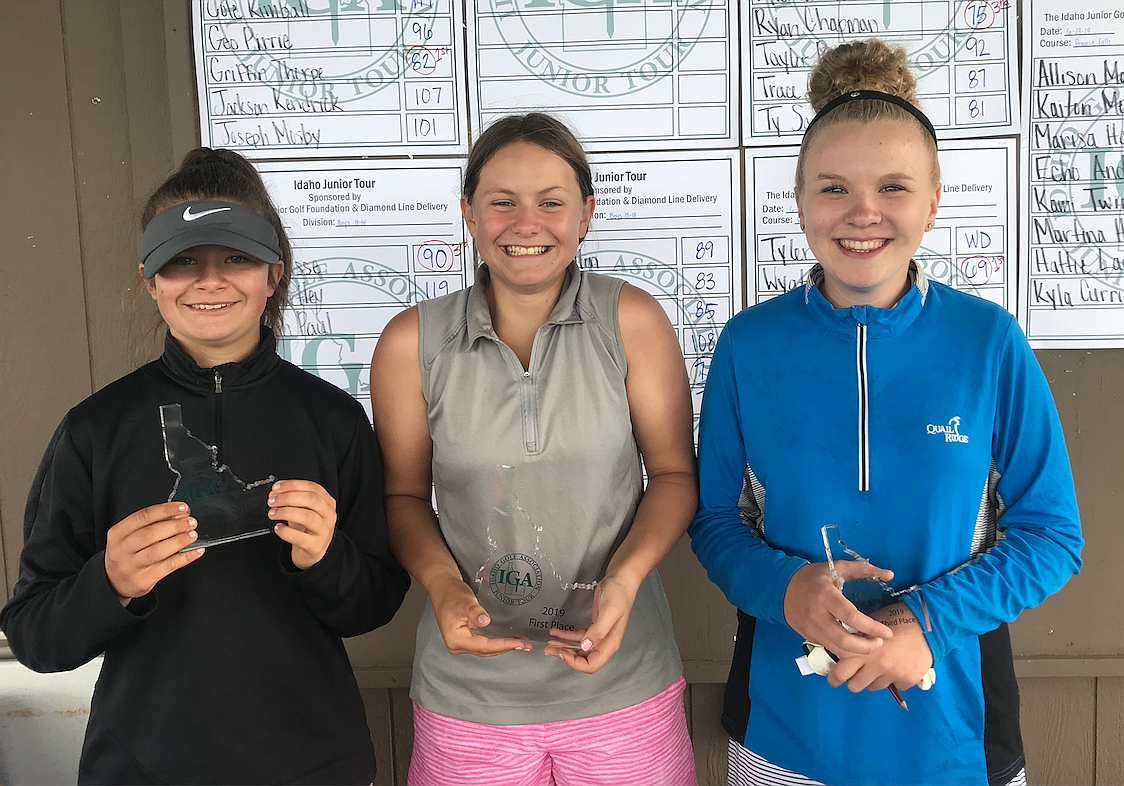 Courtesy photo
Top placers in the girls 13-14 age division at an Idaho Junior Golf tournament last Wednesday at Prairie Falls were, from left, Avery Bayer, 2nd, 88; Braylyn Bayer, 1st, 83; and Spencer Cerenzia, 3rd, 95.