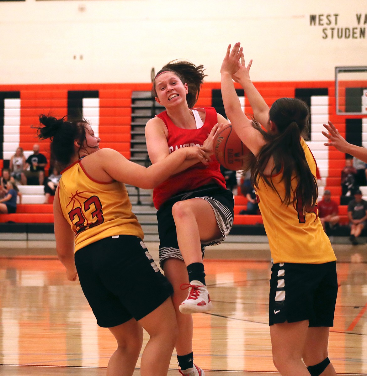 (Photo by KYLE CAJERO)
Sandpoint senior guard Dawson Driggs draws contact during a June 25 West Valley Summer League game against St. John&#146;s.