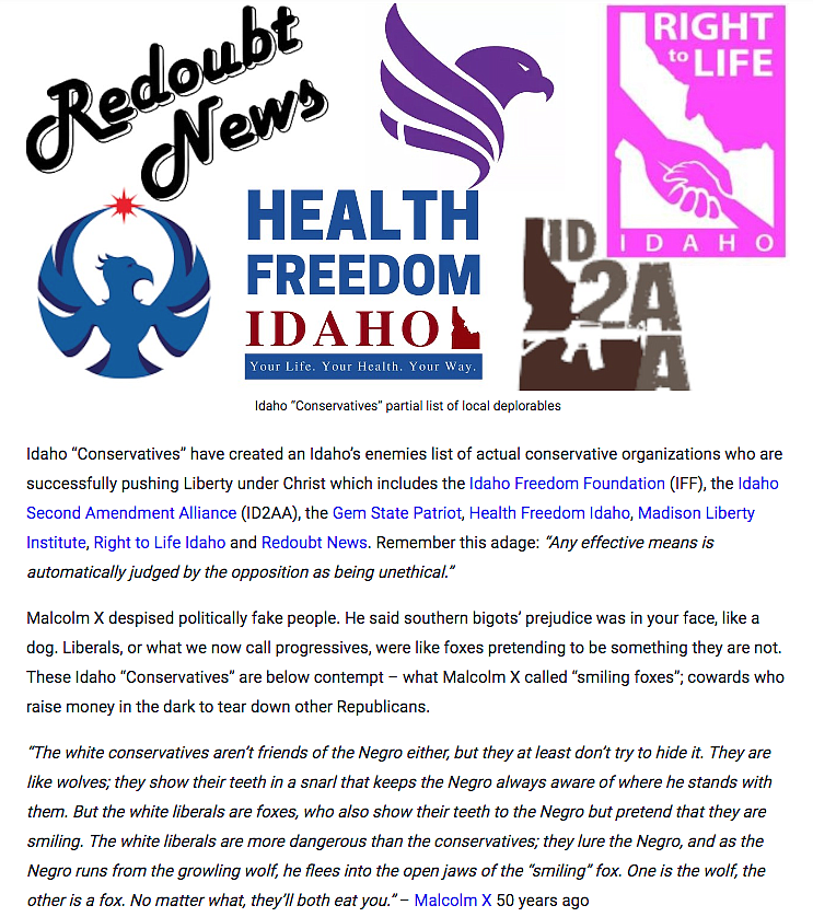 A screenshot of the Gem State Patriot News website shows organizations Alex Barron claims the group Idaho Conservatives lists as enemies. (Screenshot from gemstatepatriot.com/blog/nevertrumpers-idaho-conservatives)
