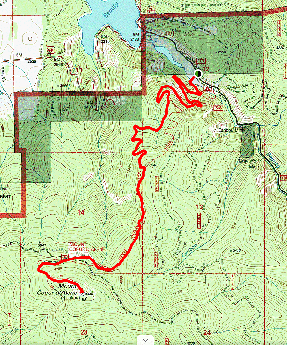 Caribou Ridge Trail 79 is highlighted in red on this map of Mt. Coeur d&#146;Alene.