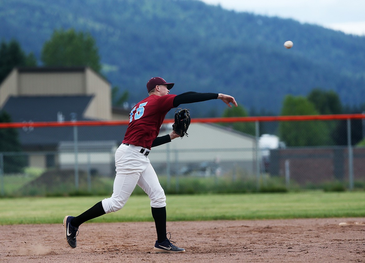 Prairie Cardinal shortstop Tanner McCliment-Call fields a ground ball and throws to first in a game against the Northwest Blaze Thursday at Post Falls High School. (LOREN BENOIT/Press)