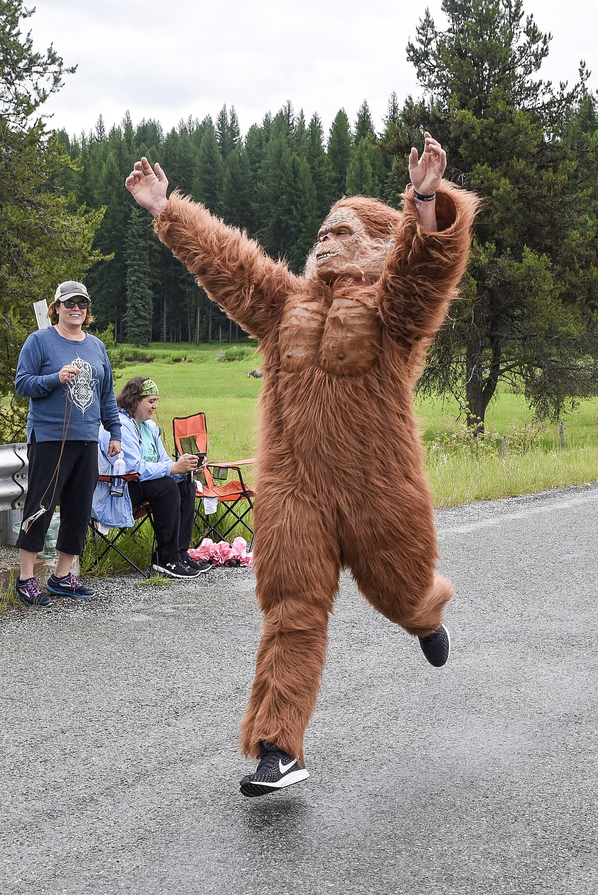 Sasquatch does a little celebration, finishing in 26:31, during the 2019 Sasquatch Run at the annual Yaak Sasquatch Festival, Saturday. (Ben Kibbey/The Western News)