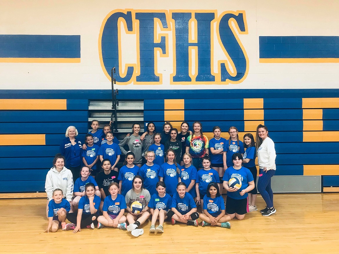 (Photo courtesy of CINDY DERR)
Clark Fork Juniors Volleyball Club&#146;s 3rd-6th grade campers pose together on June 14. The camp brought in 19 campers from Hope, Sandpoint, Noxon (Mont.) and one camper from Arizona. Some of the current CFHS players whom helped volunteer with the camp&#146;s drills said they learned a lot about being on the coaching side of the game.