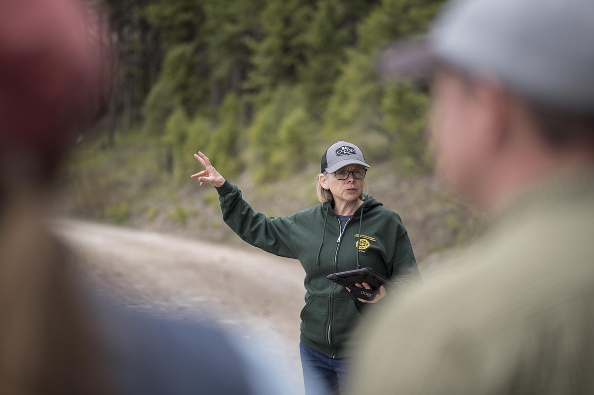Silviculturist Anna Weber says the Ripley project will help restore more natural variability in forests during a field trip through the proposed area May 8 in Lincoln County. (Luke Hollister/The Western News)