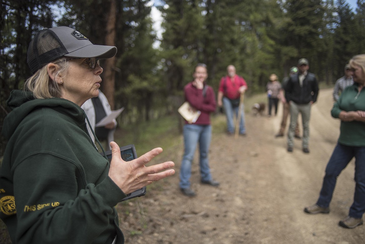 Silviculturist Anna Weber says the Ripley project will help restore more natural variability in forests during a field trip through the proposed area May 8 in Lincoln County. (Luke Hollister/The Western News)