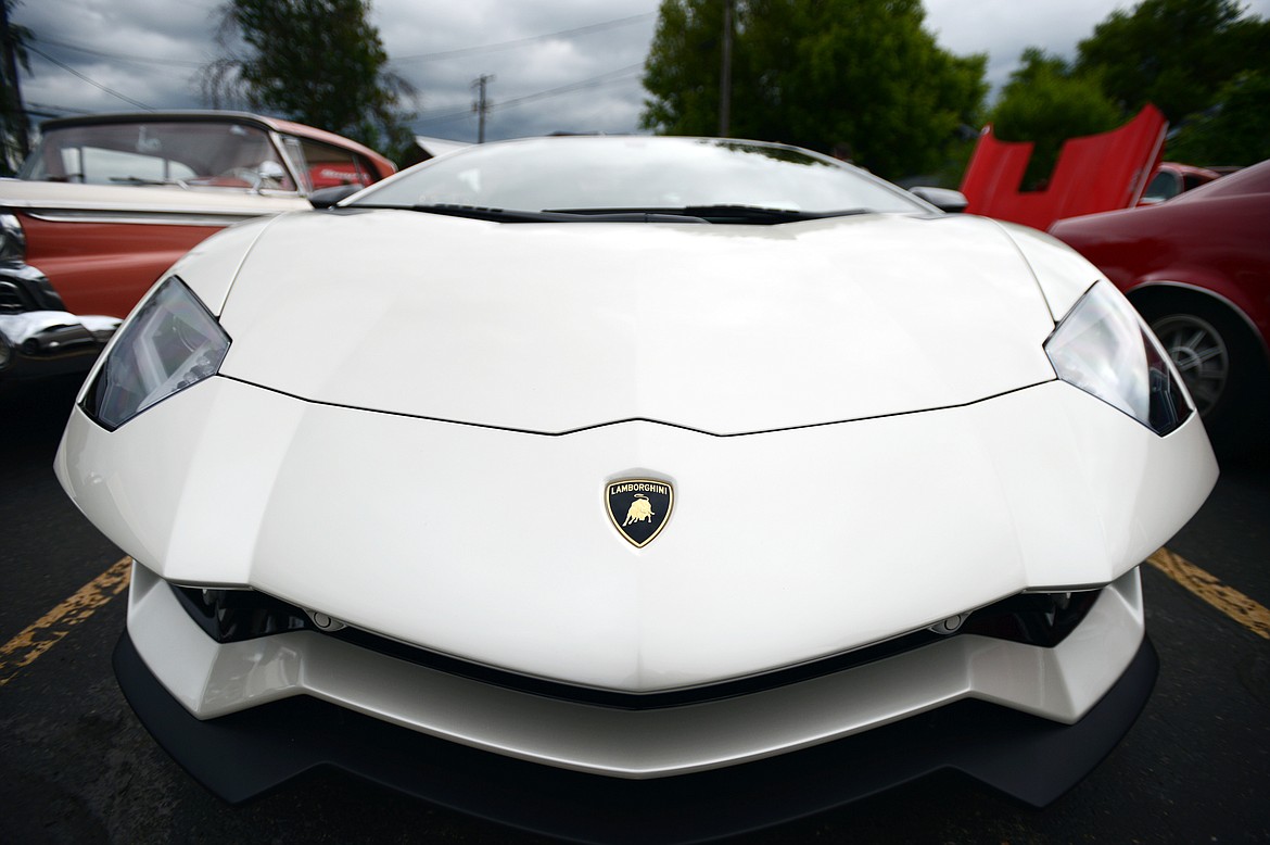 A 2017 Lamborghini Aventador owned by Dave Knoll at The Big Shindig outside The DeSoto Grill in Kalispell on Saturday. The Big Shindig features a wide range of classic, custom and unfinished cars as well as live music, barbeque, beer and a pin-up polar plunge. (Casey Kreider/Daily Inter Lake)