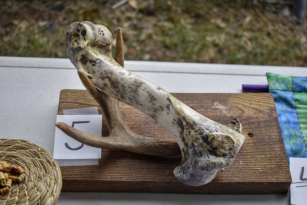 The &#147;Bone Phone&#148; art piece donated by Colin Breen for silent auction during the sixth annual Yaak School Arts and Crafts Fair Saturday, June 30, 2018. (Ben Kibbey/The Western News)