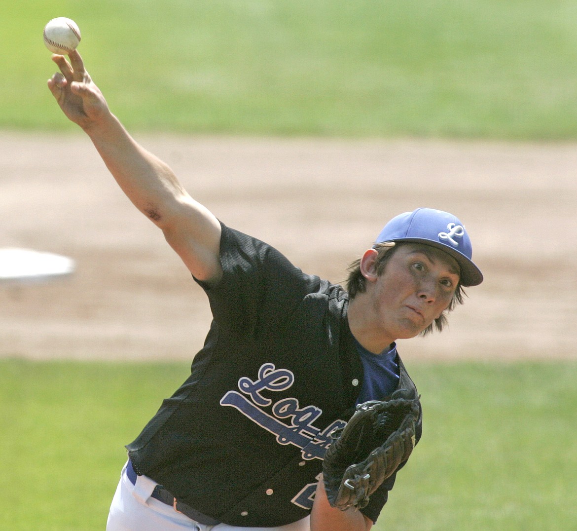 Quade Anderson delivers the 2-2 pitch for a strike  top of first inning vs. Red Sox. Loggers fall 14-5 in the first of a doubleheader Sunday afternoon. (Paul Sievers/The Western News)