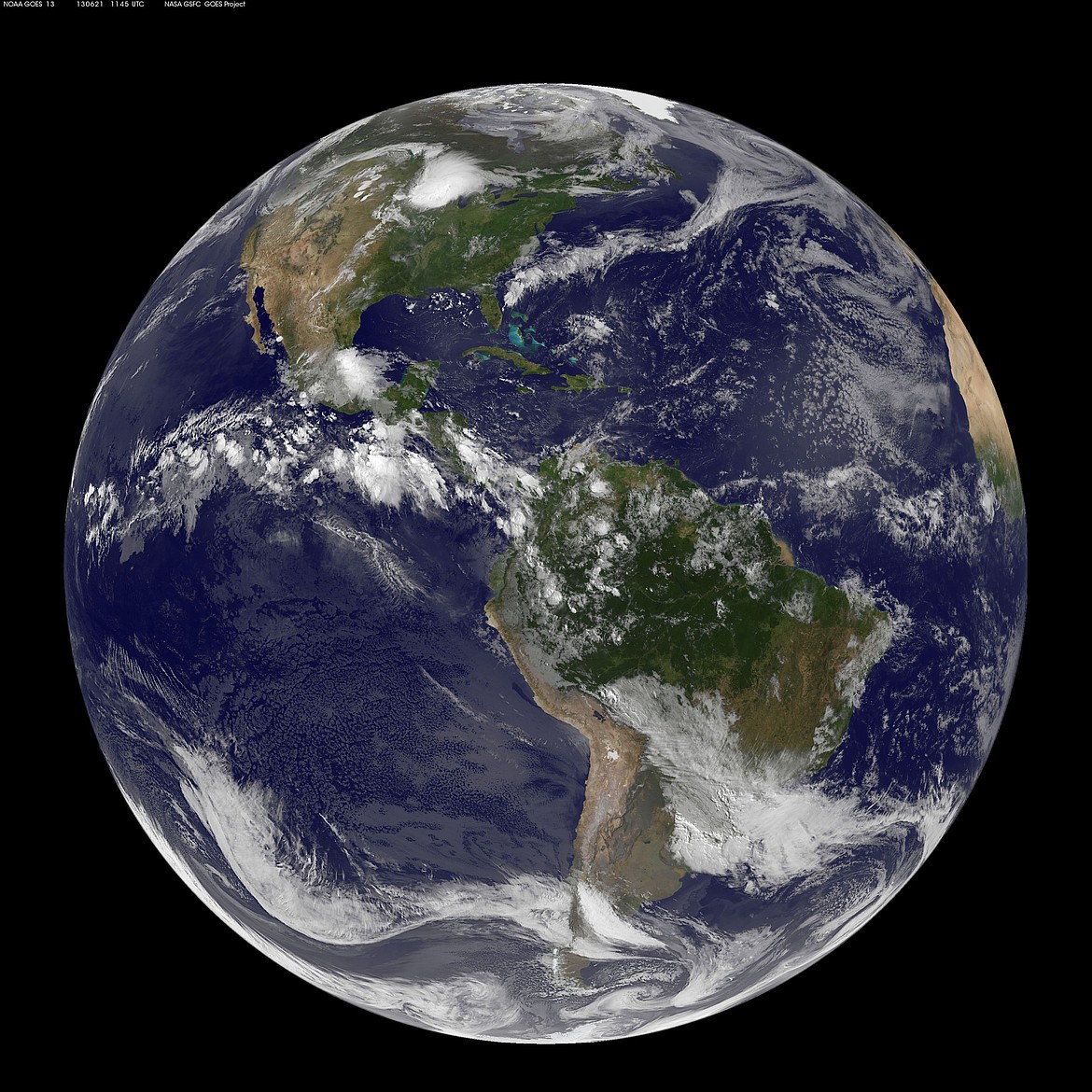 This full-disk image from NOAA&#146;s GOES-13 satellite was captured at 4:45 a.m. PDT and shows the Americas on June 21, 2012.