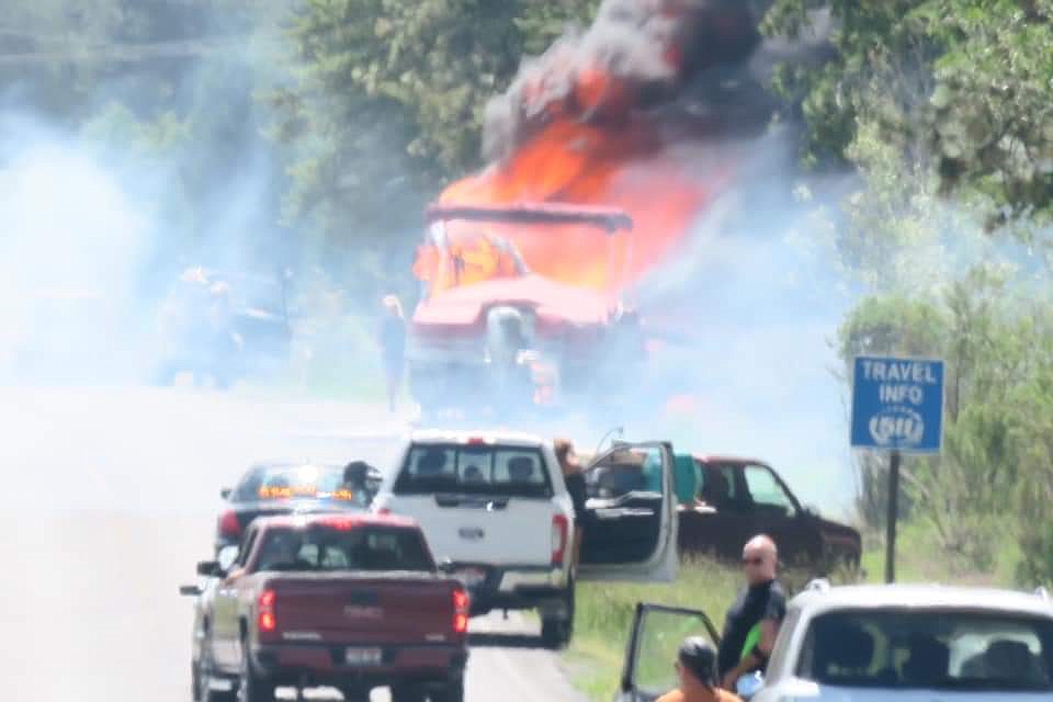 Photo by THAN WIDNER
This June 13 motorhome fire on U.S. 95 was ignited by a flat tire, officials said.