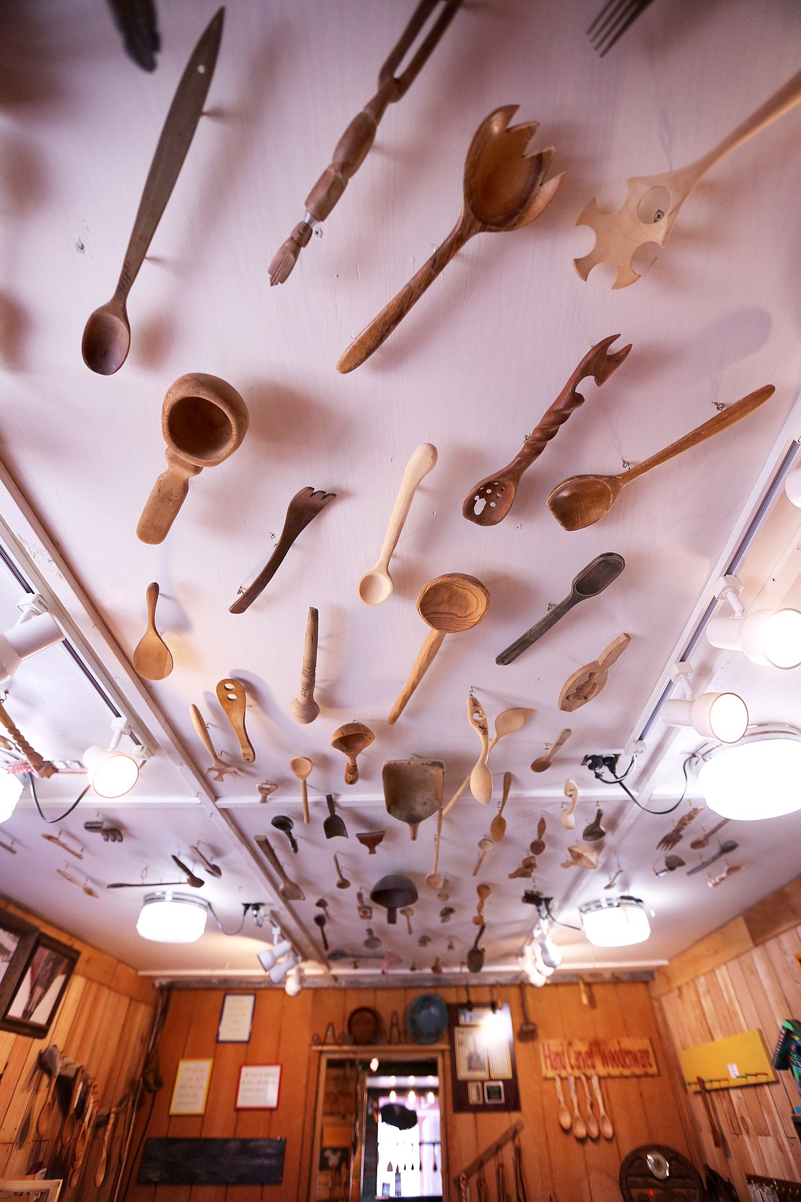 Jo Hodges-Wagner&#146;s extensive spoon collection hangs on the ceiling of the Spiral Spoon. She has spoons from all over the world and spoons used as movie props.