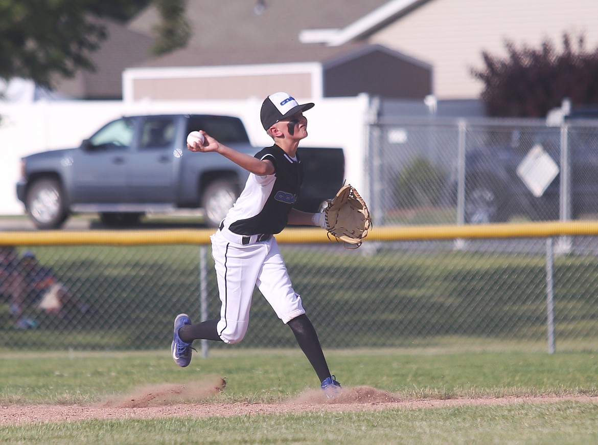 Coeur d&#146;Alene Majors shortstop Zach Bell throws to first for the out in a game against Post Falls last Friday.