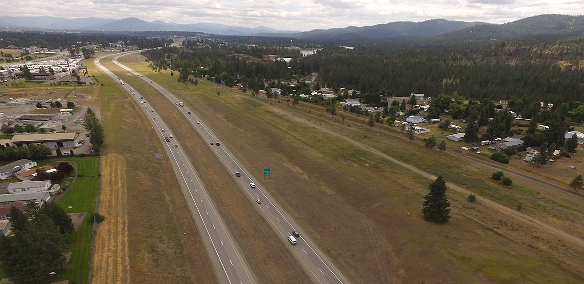 This photo taken with a drone shows Interstate 90 looking east from near the state line on the west side of Post Falls. This stretch of the freeway will be resurfaced during the nights starting Wednesday and continuing through September. (Photo courtesy of Idaho Transportation Department)